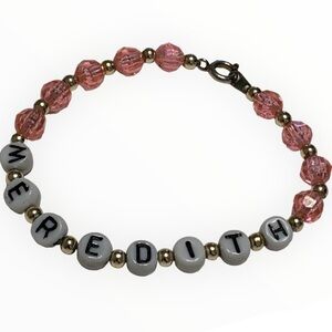 VINTAGE Personalized Beaded Name Bracelet “MEREDITH” PINK GEMSTONES GOLD BEADS